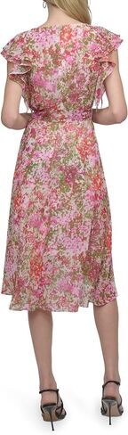 DKNY Women's Short Flutter Sleeve Surplice Neck Removable Belt Faux Wrap Dress in Saudi Arabia