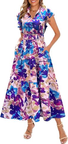 Kranda 2025 Women Summer Fall Self-tie V Neck High Waist Ruffle Cap Sleeve Flowy Tiered Long Floral Maxi Dress with Pockets in Kuwait