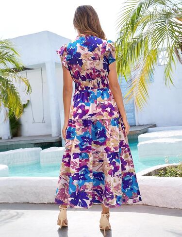 Kranda 2025 Women Summer Fall Self-tie V Neck High Waist Ruffle Cap Sleeve Flowy Tiered Long Floral Maxi Dress with Pockets in Kuwait