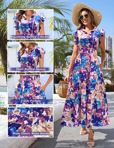 Kranda 2025 Women Summer Fall Self-tie V Neck High Waist Ruffle Cap Sleeve Flowy Tiered Long Floral Maxi Dress with Pockets in Kuwait