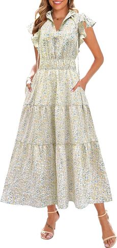 Kranda 2025 Women Summer Fall Self-tie V Neck High Waist Ruffle Cap Sleeve Flowy Tiered Long Floral Maxi Dress with Pockets in Kuwait