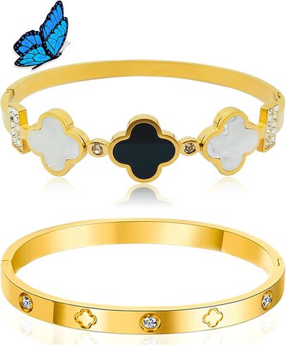Clover Bracelet for Women, 2pcs Stainless Steel Four Leaf Clover Bracelet, 18K Gold Plated Stackable Bracelet Jewelry, Lucky Love Cuff Bangle, Birthday Gift for Women in Saudi Arabia