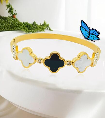 Clover Bracelet for Women, 2pcs Stainless Steel Four Leaf Clover Bracelet, 18K Gold Plated Stackable Bracelet Jewelry, Lucky Love Cuff Bangle, Birthday Gift for Women in Saudi Arabia