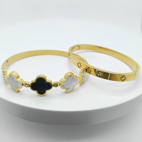 Clover Bracelet for Women, 2pcs Stainless Steel Four Leaf Clover Bracelet, 18K Gold Plated Stackable Bracelet Jewelry, Lucky Love Cuff Bangle, Birthday Gift for Women in Saudi Arabia