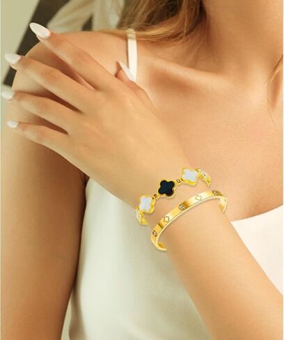 Clover Bracelet for Women, 2pcs Stainless Steel Four Leaf Clover Bracelet, 18K Gold Plated Stackable Bracelet Jewelry, Lucky Love Cuff Bangle, Birthday Gift for Women in Saudi Arabia