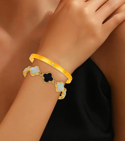 Clover Bracelet for Women, 2pcs Stainless Steel Four Leaf Clover Bracelet, 18K Gold Plated Stackable Bracelet Jewelry, Lucky Love Cuff Bangle, Birthday Gift for Women in Saudi Arabia