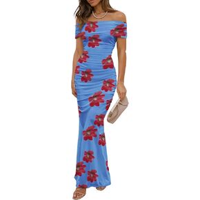 Women's Mesh Floral Maxi Dress 2025 Summer Off The Shoulder Ruched Bodycon Long Cocktail Party Fitted Dresses in Kuwait