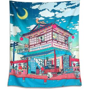 NAVNAWM Japanese Anime Cityscape Tapestry, Wall Hanging Art, Blue and Pink Night Scene, 51 x 59 inches, for Bedroom Dorm Living Room in Saudi Arabia
