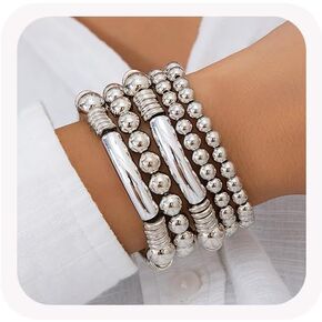 7Pcs Gold Beaded Bracelets Set for Women Stretch Bracelet Bead Ball Stackable Chunky Bracelet Jewelry Trendy and Dainty Bracelet Set in Kuwait