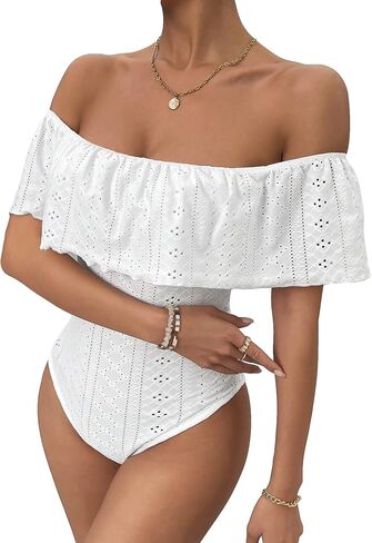 MakeMeChic Women's Off Shoulder Ruffle Trim Eyelet Embroidered Strapless Tube Top Bodysuit Black Small in Saudi Arabia