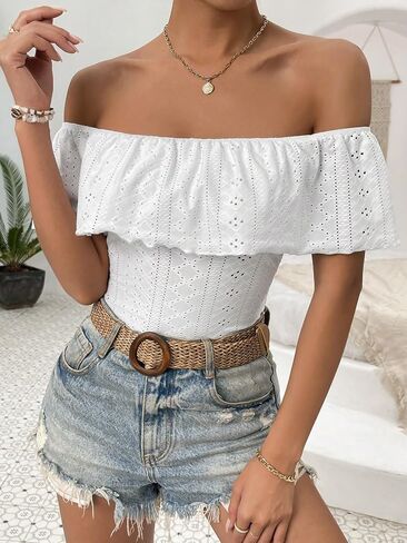 MakeMeChic Women's Off Shoulder Ruffle Trim Eyelet Embroidered Strapless Tube Top Bodysuit Black Small in Saudi Arabia