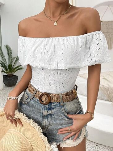 MakeMeChic Women's Off Shoulder Ruffle Trim Eyelet Embroidered Strapless Tube Top Bodysuit Black Small in Saudi Arabia