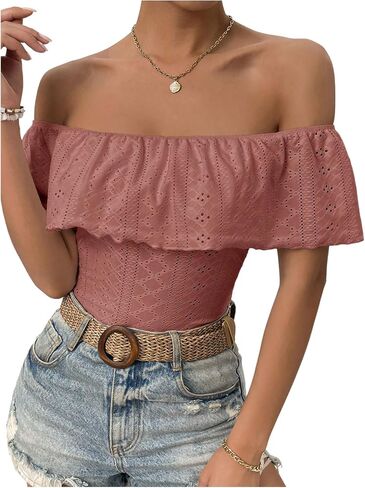 MakeMeChic Women's Off Shoulder Ruffle Trim Eyelet Embroidered Strapless Tube Top Bodysuit Black Small in Saudi Arabia
