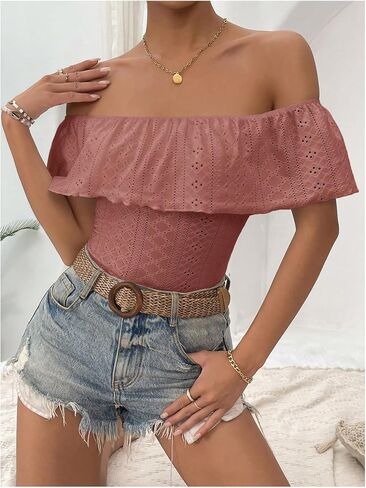 MakeMeChic Women's Off Shoulder Ruffle Trim Eyelet Embroidered Strapless Tube Top Bodysuit Black Small in Saudi Arabia