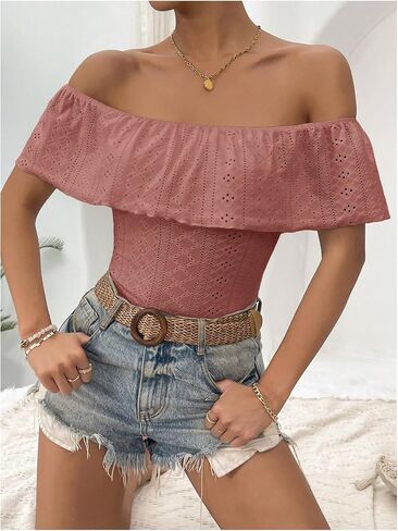 MakeMeChic Women's Off Shoulder Ruffle Trim Eyelet Embroidered Strapless Tube Top Bodysuit Black Small in Saudi Arabia