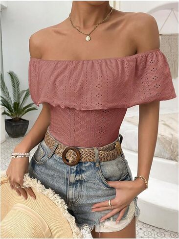 MakeMeChic Women's Off Shoulder Ruffle Trim Eyelet Embroidered Strapless Tube Top Bodysuit Black Small in Saudi Arabia