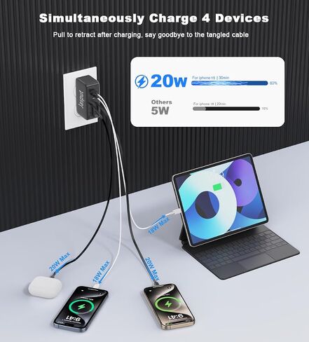 4 in 1 Retractable Wall Charger with Dual Cables, 40W Fast Retractable Charger with QC 18W USB and PD 20W Type C Port, Retractable Phone Charger Wall Plug for iPhone 16/15/14/13, LG, Galaxy, Pixel in Kuwait