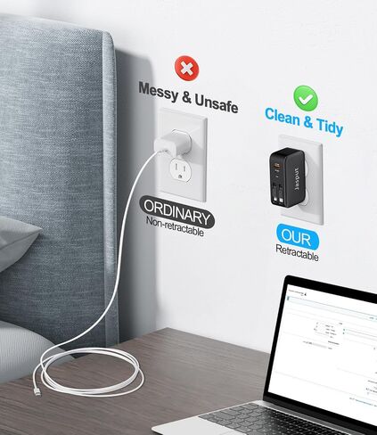 4 in 1 Retractable Wall Charger with Dual Cables, 40W Fast Retractable Charger with QC 18W USB and PD 20W Type C Port, Retractable Phone Charger Wall Plug for iPhone 16/15/14/13, LG, Galaxy, Pixel in Kuwait