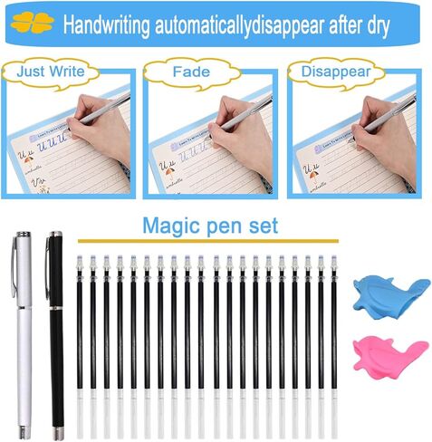 AALGO 30pcs Reusable Grooves Writing Practice Magic Pens,Disappearing Ink Pen for Kids With 3 Pencil Grips,Tracing Book Pen for Kindergarten in Kuwait