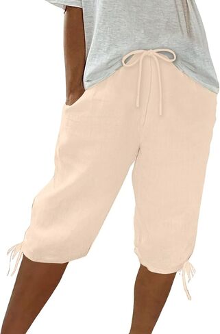 hlysgo Bermuda Shorts for Women High Waisted Drawstring Cotton Linen Casual Shorts Summer Knee Length Shorts with Pockets in Kuwait