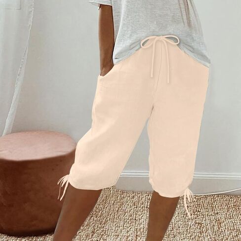 hlysgo Bermuda Shorts for Women High Waisted Drawstring Cotton Linen Casual Shorts Summer Knee Length Shorts with Pockets in Kuwait