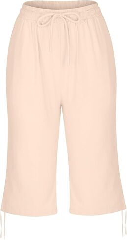 hlysgo Bermuda Shorts for Women High Waisted Drawstring Cotton Linen Casual Shorts Summer Knee Length Shorts with Pockets in Kuwait