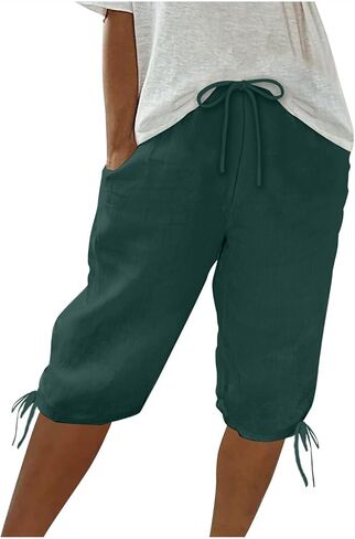 hlysgo Bermuda Shorts for Women High Waisted Drawstring Cotton Linen Casual Shorts Summer Knee Length Shorts with Pockets in Kuwait