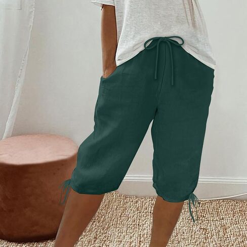hlysgo Bermuda Shorts for Women High Waisted Drawstring Cotton Linen Casual Shorts Summer Knee Length Shorts with Pockets in Kuwait