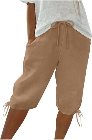 hlysgo Bermuda Shorts for Women High Waisted Drawstring Cotton Linen Casual Shorts Summer Knee Length Shorts with Pockets in Kuwait