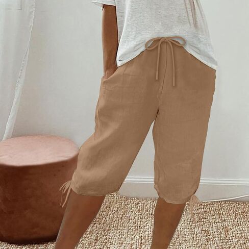 hlysgo Bermuda Shorts for Women High Waisted Drawstring Cotton Linen Casual Shorts Summer Knee Length Shorts with Pockets in Kuwait