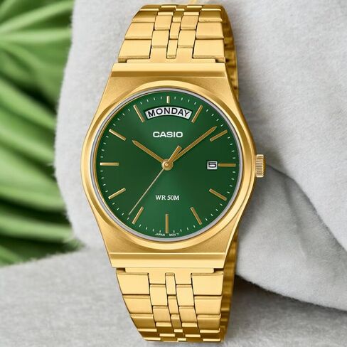 Casio MTP-B146G-3AV Men's Vintage Gold Tone Stainless Steel Green Dial Day Date Analog Watch in Saudi Arabia