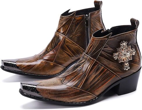 Santimon Mens Dress Boots Western Leather Fashion Brown Discaled Hode-Ho Tip Tip Tip Shoes in Saudi Arabia