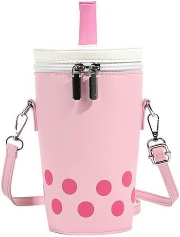Women Female Polka Dot Milk Tea Cup Bag, Japanese Bucket Shoulder Crossbody Bag, Cute Creative Cylinder Cup Purse With Straw in Kuwait