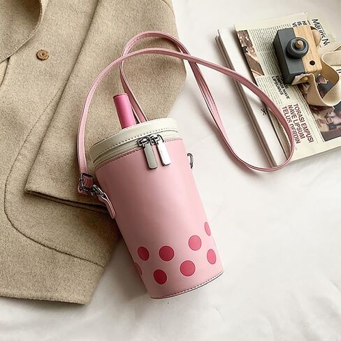Women Female Polka Dot Milk Tea Cup Bag, Japanese Bucket Shoulder Crossbody Bag, Cute Creative Cylinder Cup Purse With Straw in Kuwait