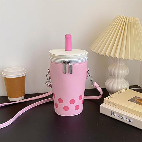 Women Female Polka Dot Milk Tea Cup Bag, Japanese Bucket Shoulder Crossbody Bag, Cute Creative Cylinder Cup Purse With Straw in Kuwait