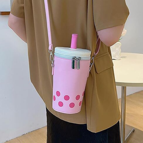 Women Female Polka Dot Milk Tea Cup Bag, Japanese Bucket Shoulder Crossbody Bag, Cute Creative Cylinder Cup Purse With Straw in Kuwait
