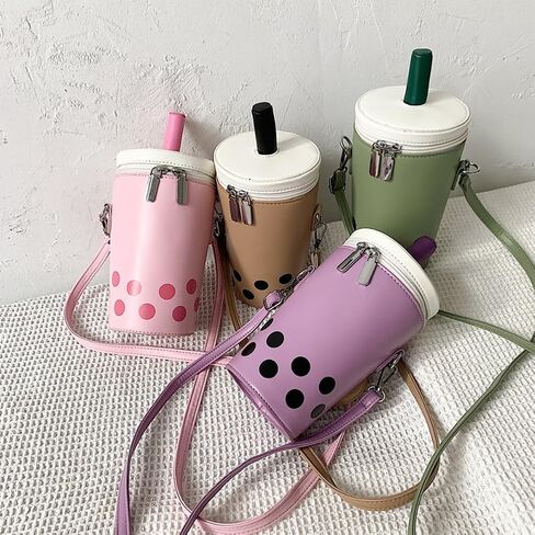 Women Female Polka Dot Milk Tea Cup Bag, Japanese Bucket Shoulder Crossbody Bag, Cute Creative Cylinder Cup Purse With Straw in Kuwait