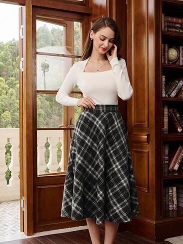 Belle Poque Women Plaid Skirt مع جيوب MIDI طول مرنة عالية الخصر خطي تنانير عمل عتيقة لمكتب عارضة in Kuwait