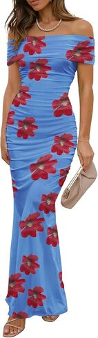 Women's Mesh Floral Maxi Dress 2025 Summer Off The Shoulder Ruched Bodycon Long Cocktail Party Fitted Dresses in Kuwait