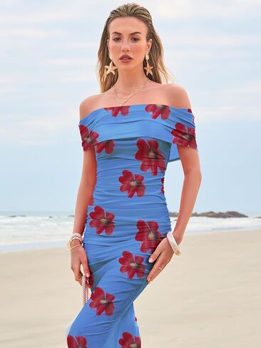 Women's Mesh Floral Maxi Dress 2025 Summer Off The Shoulder Ruched Bodycon Long Cocktail Party Fitted Dresses in Kuwait