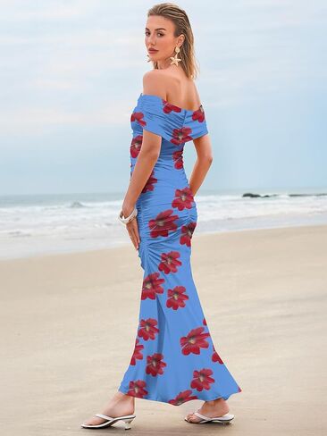 Women's Mesh Floral Maxi Dress 2025 Summer Off The Shoulder Ruched Bodycon Long Cocktail Party Fitted Dresses in Kuwait