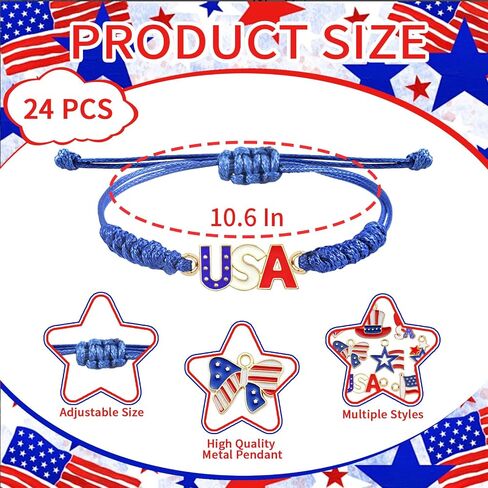 24 PCS 4 يوليو أساور أبيض وأزرق للنساء للنساء ، أساور الصداقة الأمريكية القابلة للتعديل من أجل يوم الاستقلال in Kuwait