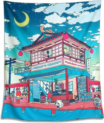 NAVNAWM Japanese Anime Cityscape Tapestry, Wall Hanging Art, Blue and Pink Night Scene, 51 x 59 inches, for Bedroom Dorm Living Room in Saudi Arabia