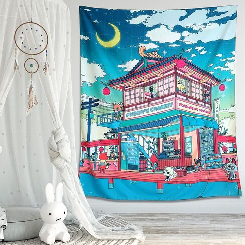 NAVNAWM Japanese Anime Cityscape Tapestry, Wall Hanging Art, Blue and Pink Night Scene, 51 x 59 inches, for Bedroom Dorm Living Room in Saudi Arabia