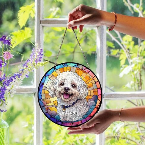 صورة مخصصة للحيوانات الأليفة الزجاج الملون Suncatcher - زخرفة مخصصة للكلاب التذكارية ، هدية ذكرى فقدان الحيوانات الأليفة ، شنقا نافذة ، تذكار الفجيعة ، ديكور المنزل in Kuwait