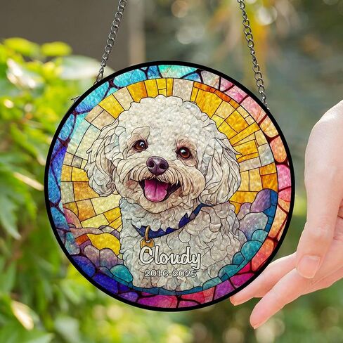 صورة مخصصة للحيوانات الأليفة الزجاج الملون Suncatcher - زخرفة مخصصة للكلاب التذكارية ، هدية ذكرى فقدان الحيوانات الأليفة ، شنقا نافذة ، تذكار الفجيعة ، ديكور المنزل in Kuwait