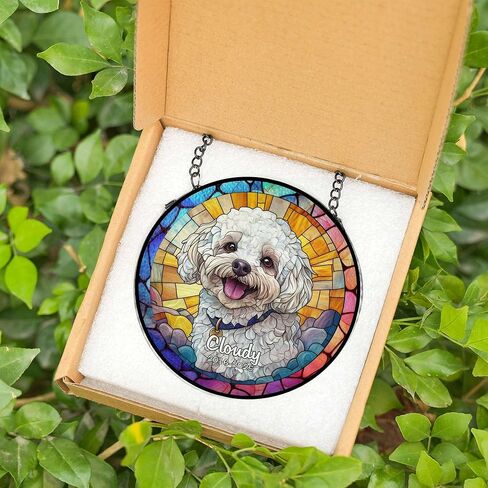 صورة مخصصة للحيوانات الأليفة الزجاج الملون Suncatcher - زخرفة مخصصة للكلاب التذكارية ، هدية ذكرى فقدان الحيوانات الأليفة ، شنقا نافذة ، تذكار الفجيعة ، ديكور المنزل in Kuwait