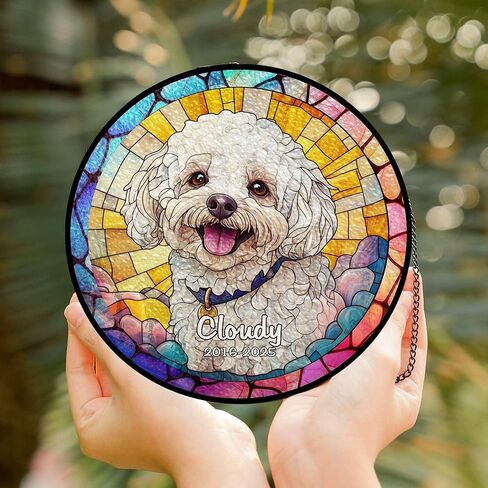 صورة مخصصة للحيوانات الأليفة الزجاج الملون Suncatcher - زخرفة مخصصة للكلاب التذكارية ، هدية ذكرى فقدان الحيوانات الأليفة ، شنقا نافذة ، تذكار الفجيعة ، ديكور المنزل in Kuwait
