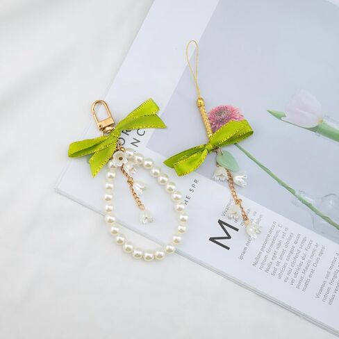 Flower Keychain Wristlet Cute Keychains For Car Keys 2 Pcs Pearl Key Chains For Women Green in Saudi Arabia