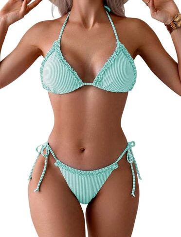 ZAFUL Women Ruffle Trim Triangle Bikini Sets Halter String 2 Piece Swimsuits High Cut Bathing Suits in Kuwait